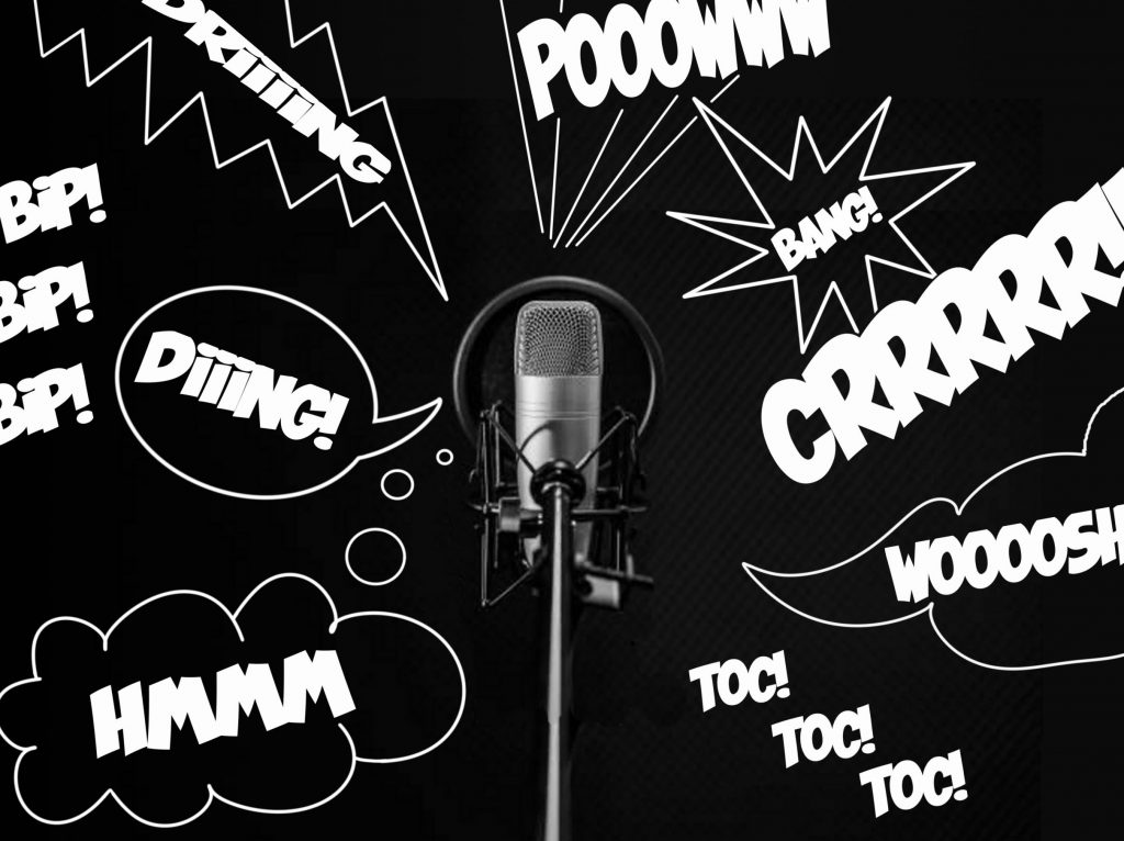 Bulle BD alex2 B&W Illustration de sound design avec un microphone et des onomatopées représentant des bruitages créés par Alexandre Dedola, compositeur et sound designer.